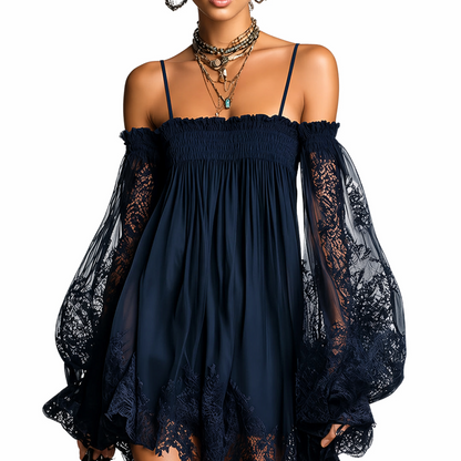 Vestido Mini Noemí Azul Marino con Hombros Descubiertos y Encaje