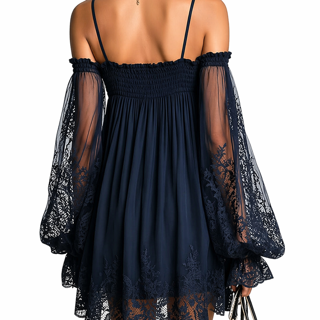 Vestido Mini Noemí Azul Marino con Hombros Descubiertos y Encaje