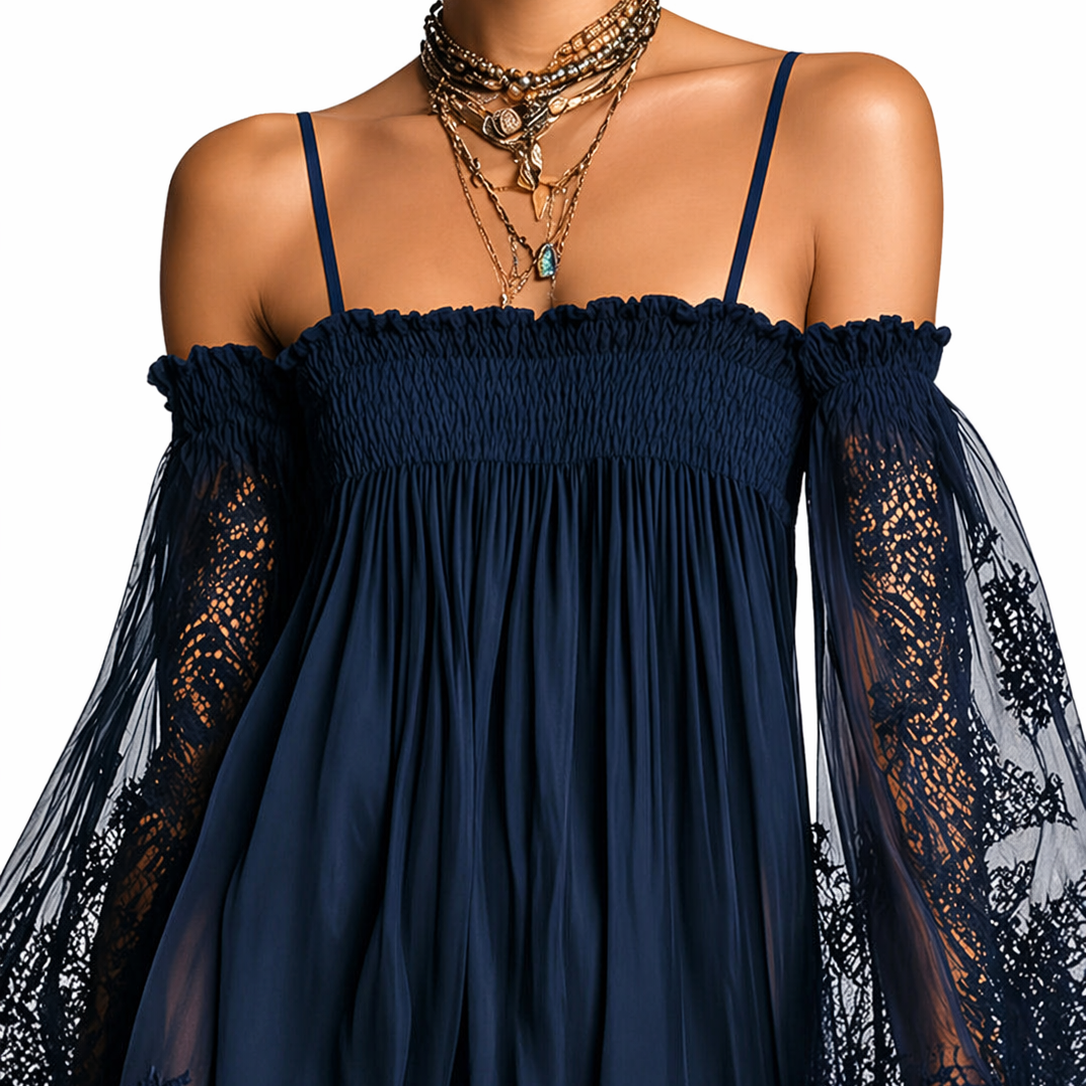 Vestido Mini Noemí Azul Marino con Hombros Descubiertos y Encaje