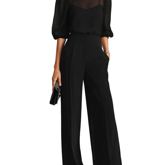 Conjunto Martina de Tres Piezas en Negro – Top Camisola Transparente y Pantalón de Pierna Ancha
