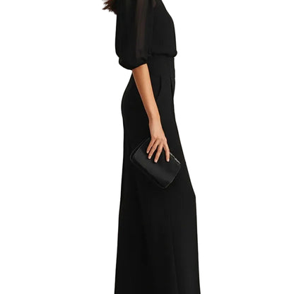 Conjunto Martina de Tres Piezas en Negro – Top Camisola Transparente y Pantalón de Pierna Ancha