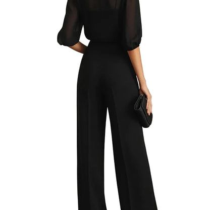 Conjunto Martina de Tres Piezas en Negro – Top Camisola Transparente y Pantalón de Pierna Ancha