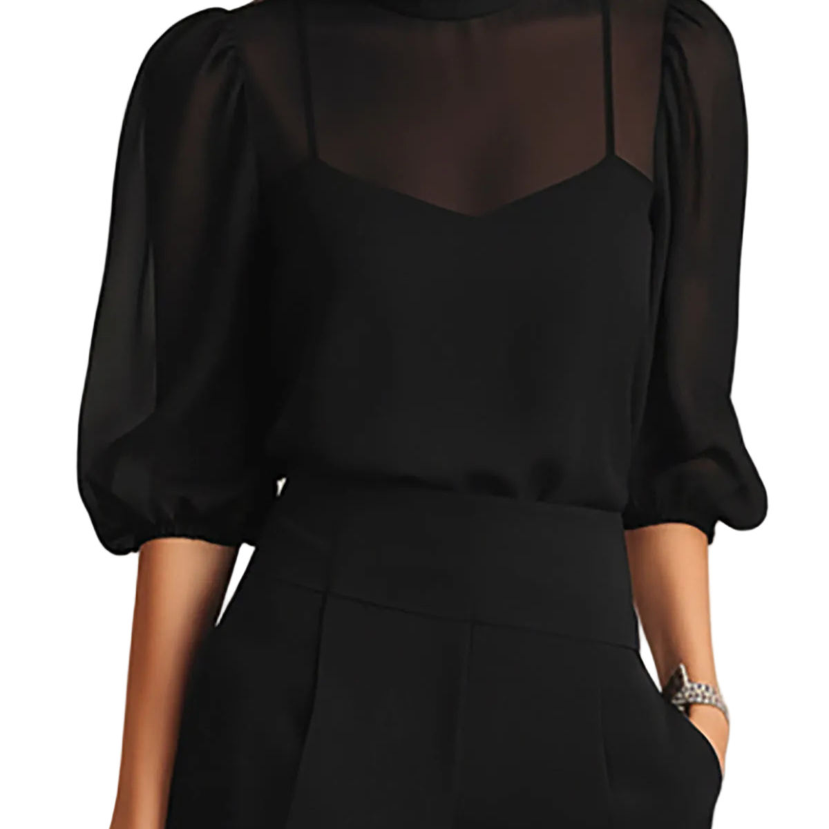 Conjunto Martina de Tres Piezas en Negro – Top Camisola Transparente y Pantalón de Pierna Ancha