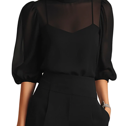 Conjunto Martina de Tres Piezas en Negro – Top Camisola Transparente y Pantalón de Pierna Ancha