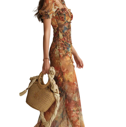 Sofía - Vestido largo de gasa naranja con estampado artístico efecto óleo bohemio