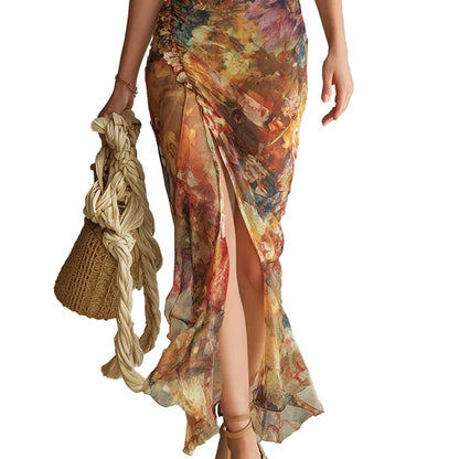 Sofía - Vestido largo de gasa naranja con estampado artístico efecto óleo bohemio