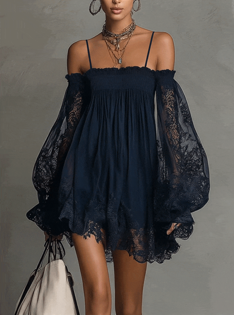 Vestido Mini Noemí Azul Marino con Hombros Descubiertos y Encaje